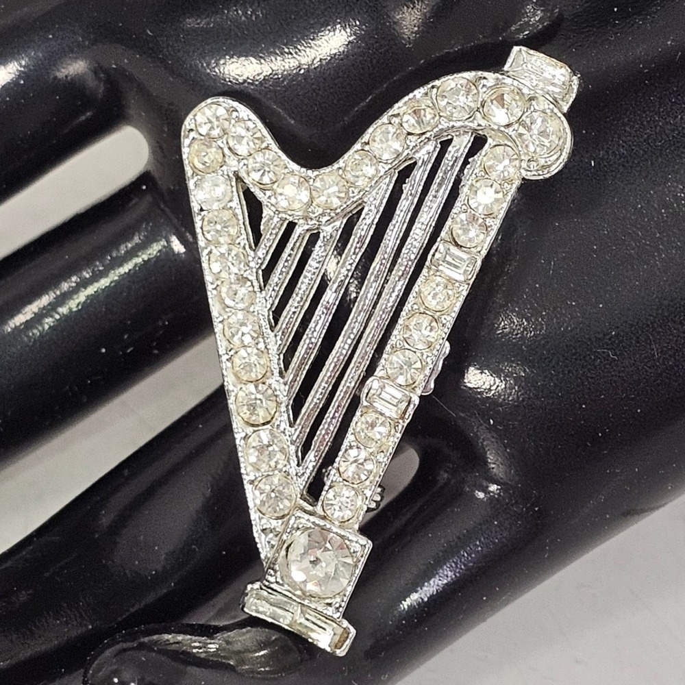 Vintage Silvertone Rhinestone Harp Brooch Musical Instrument Pin Clear Crystal